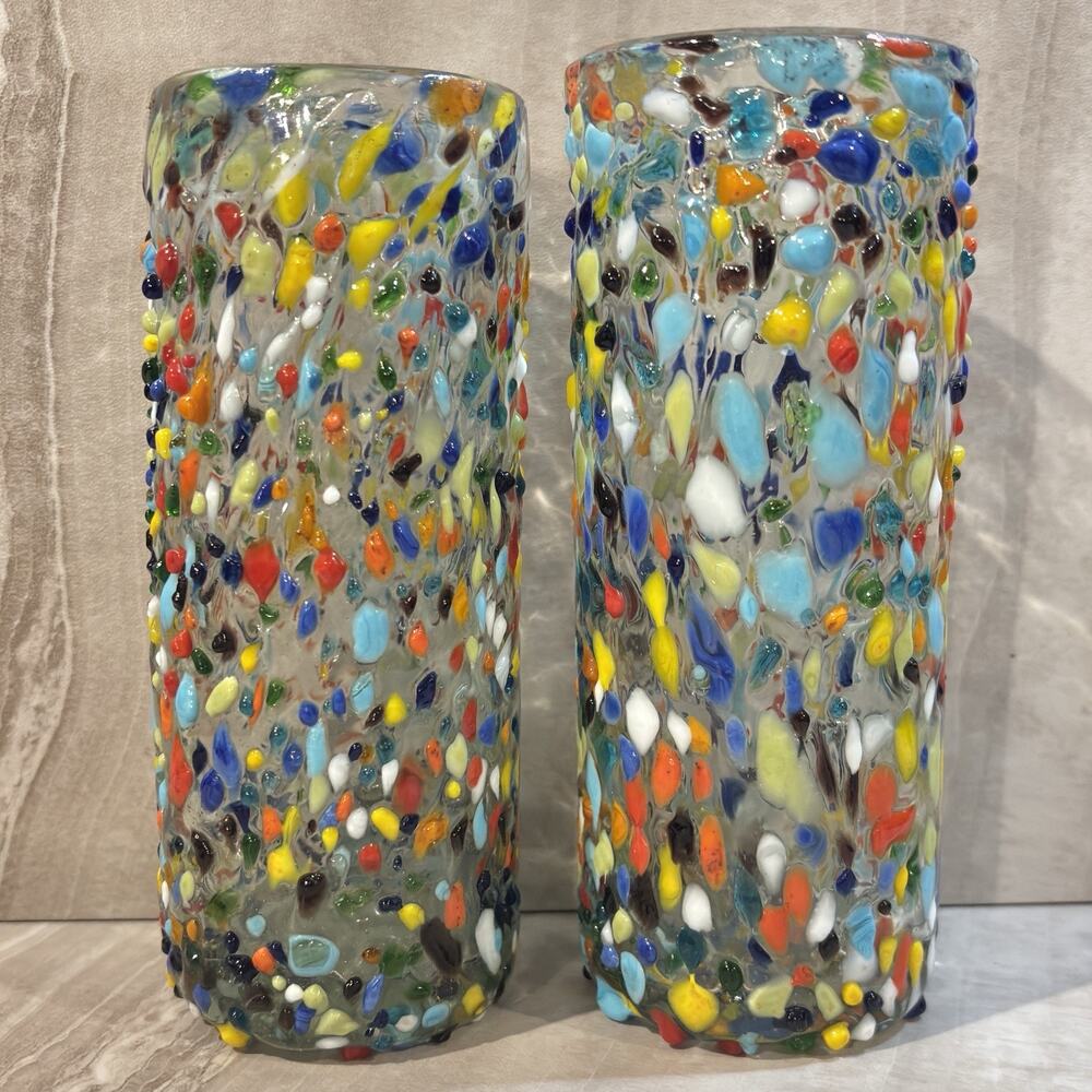 Hand Blown Mexican Confetti Beer Shot Glasses Set Of 2